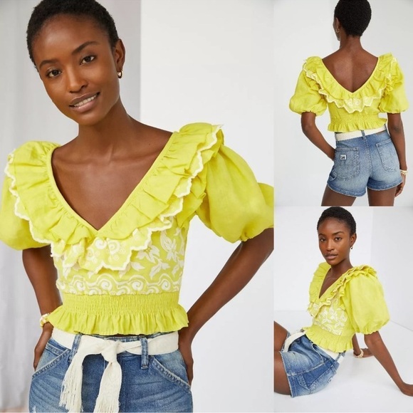 Anthropologie Place Nationale Ruffled Linen
Blouse Size 2 - S Yellow Crop Top - Picture 1 of 12